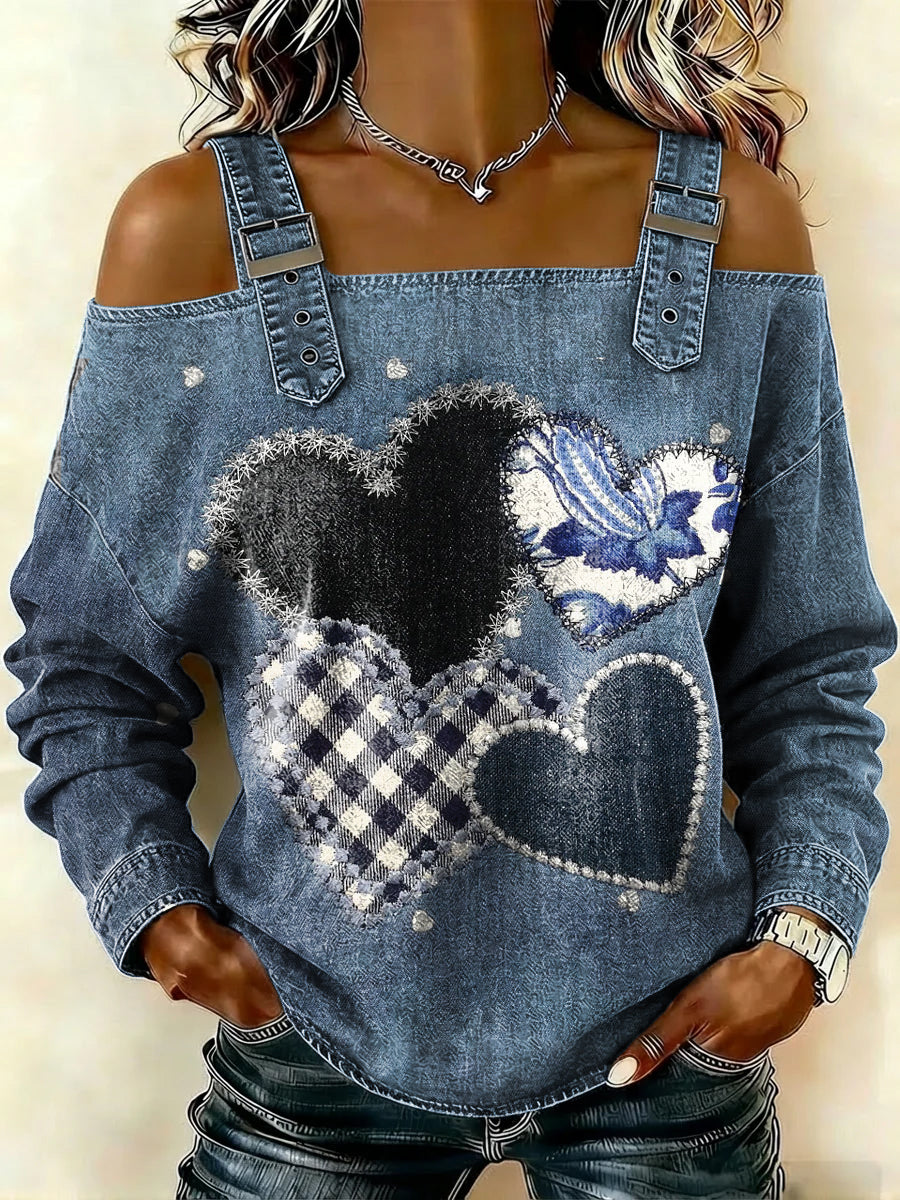 Heart-Shaped Decoration Print Casual Cotton Denim Shirt