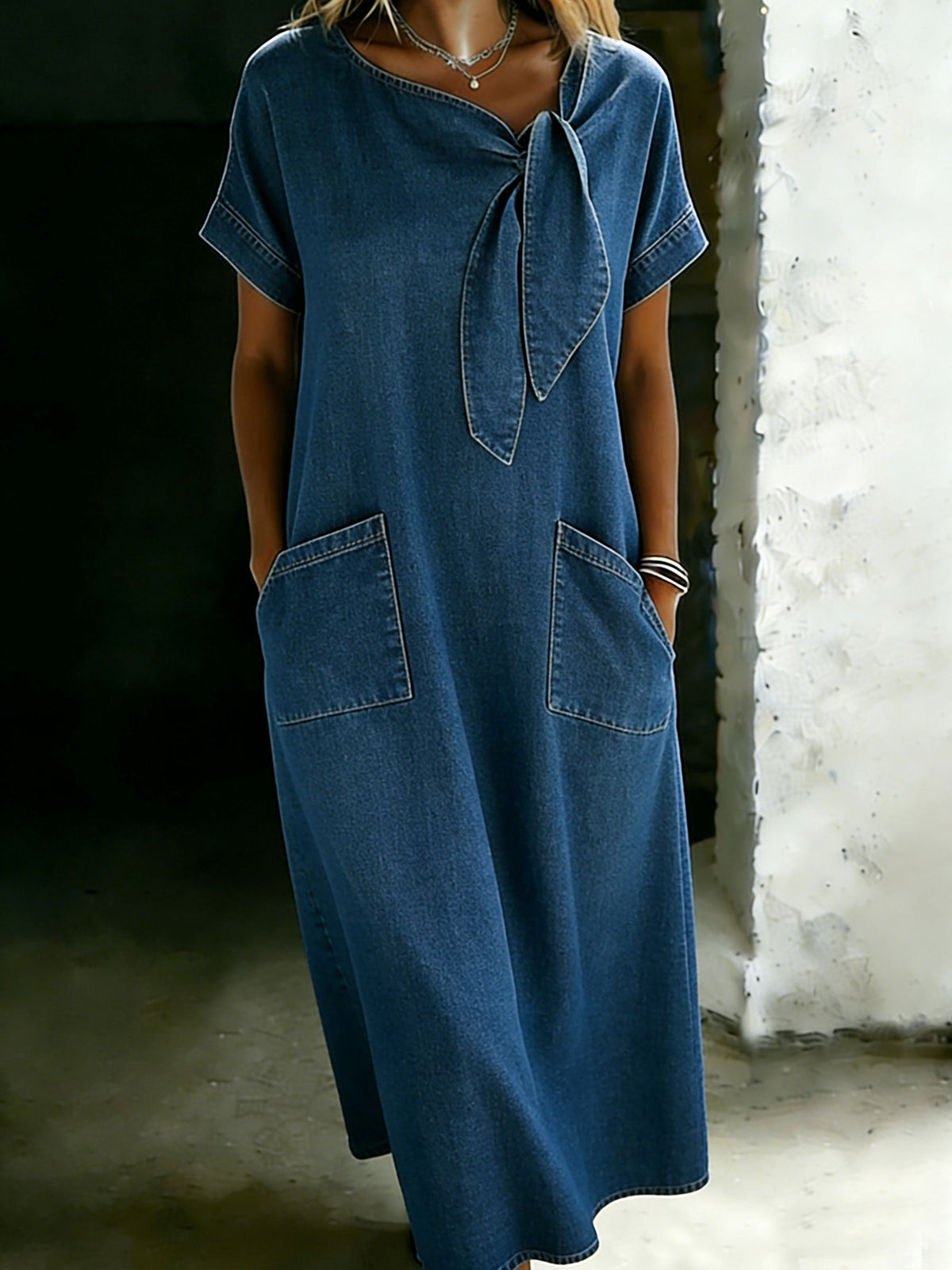 Solid Color Loose Denim Pocket Dress