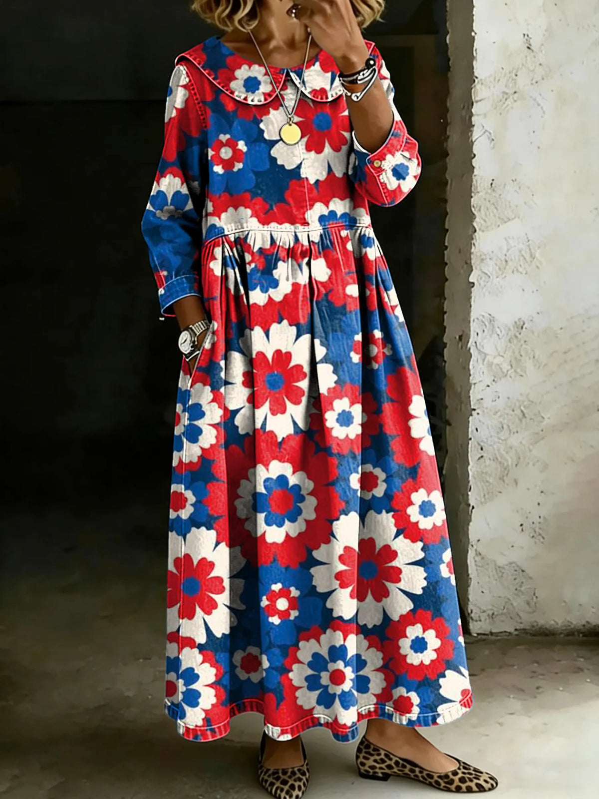 Retro Multicolor Floral Splicing Long-Sleeved Loose-Fitting Casual Denim Dress
