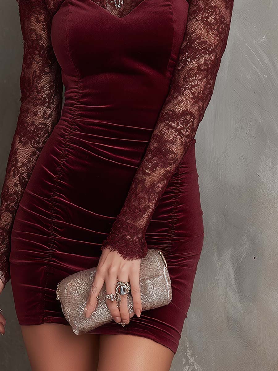 Vintage-Style Cold Sleeves Lace Polyester Velvet Mini Dress
