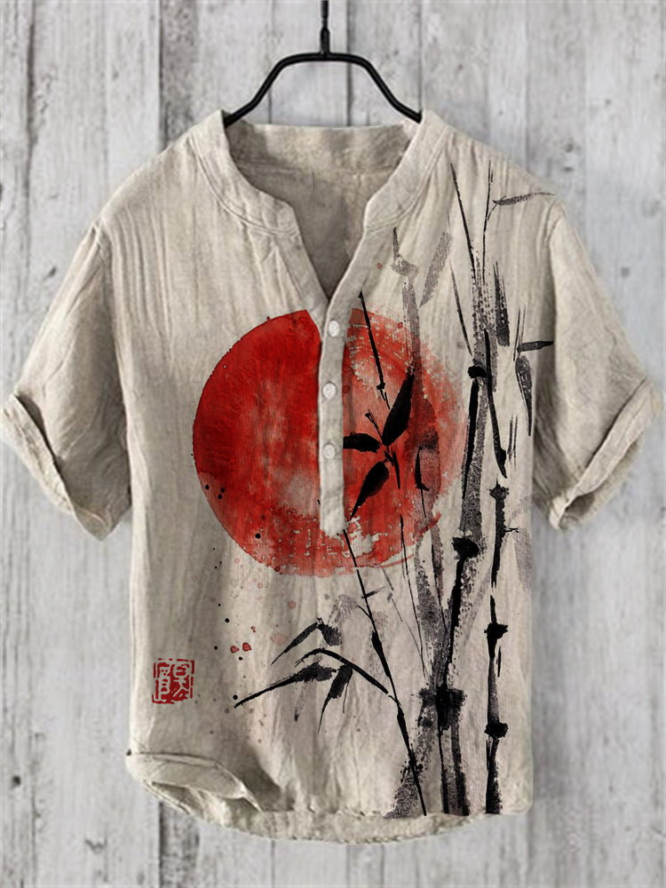 Bamboo and Sunrise Japanese Art Linen Blend Shirt