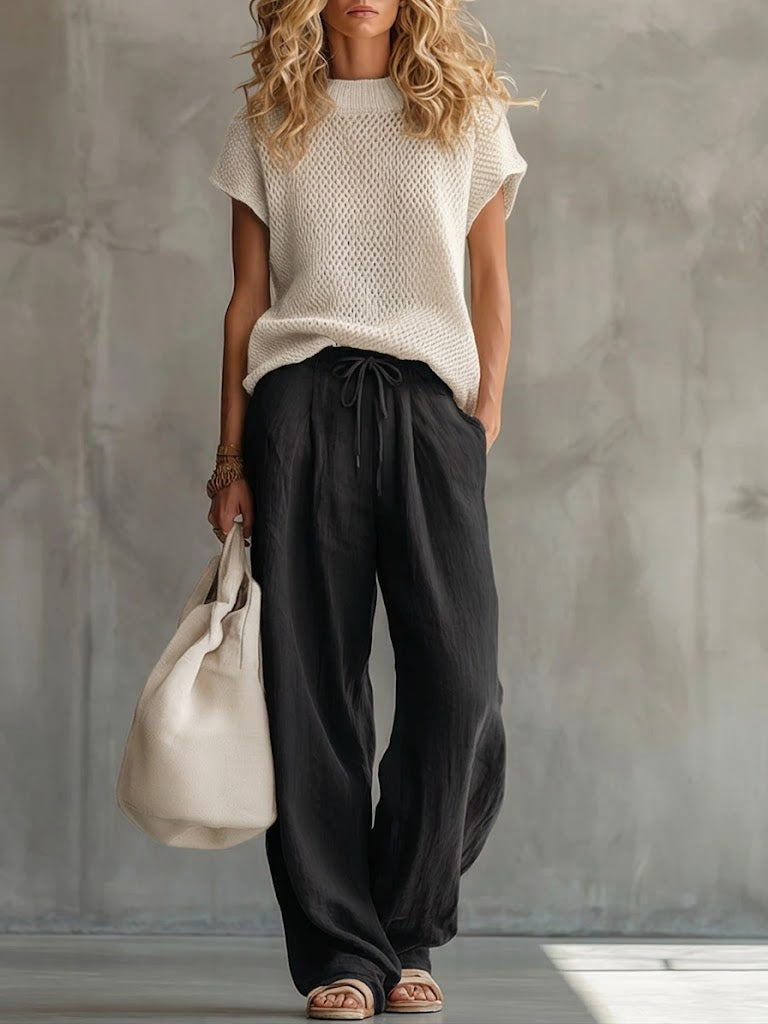 Casual Knitted Pullover Top and Linen-Cotton Trousers Two-Piece Set
