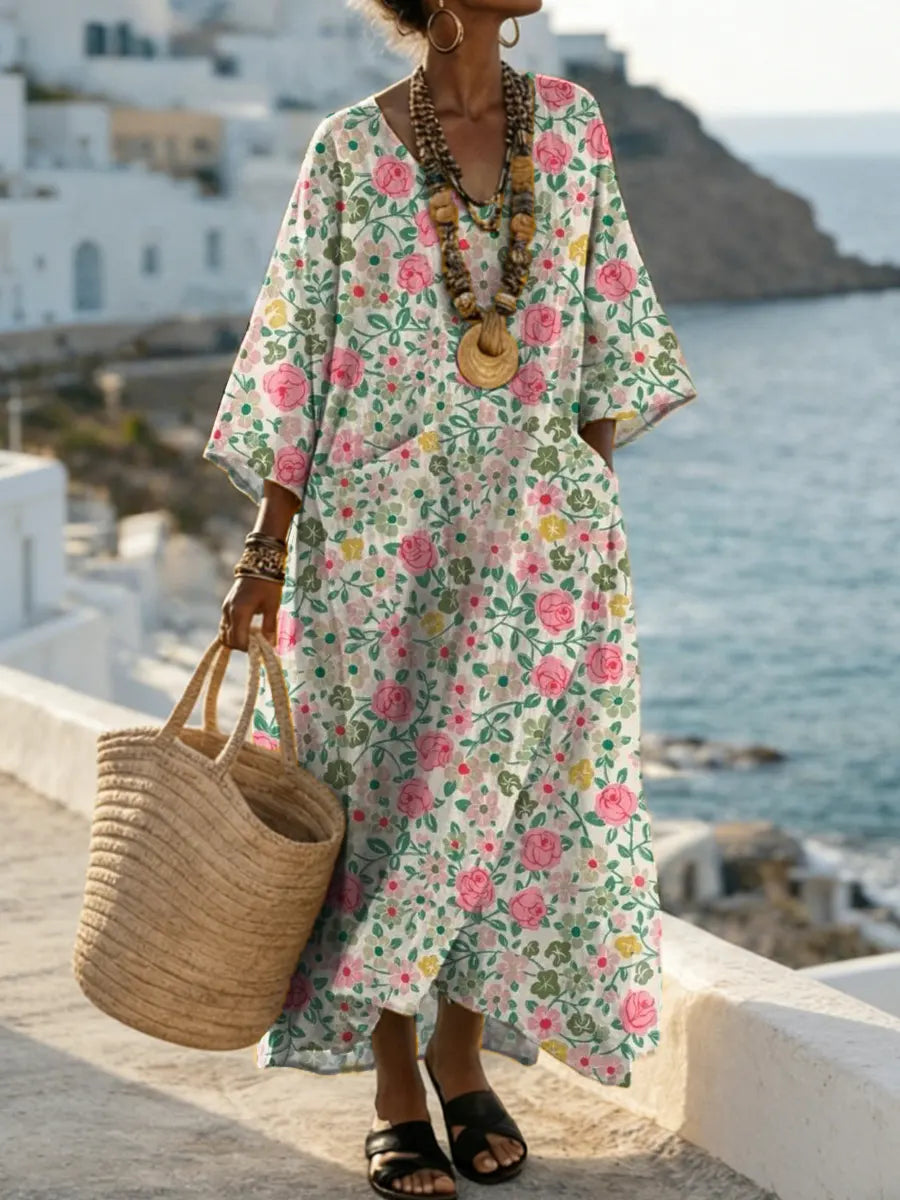 Vintage Floral Pattern Art Print Casual Cotton Dress