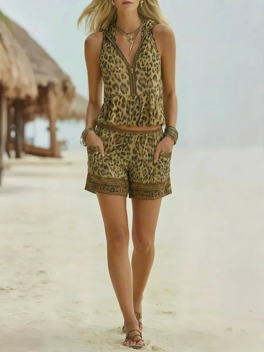 Retro Leopard Art Print Hooded Casual Top and Pants Suits