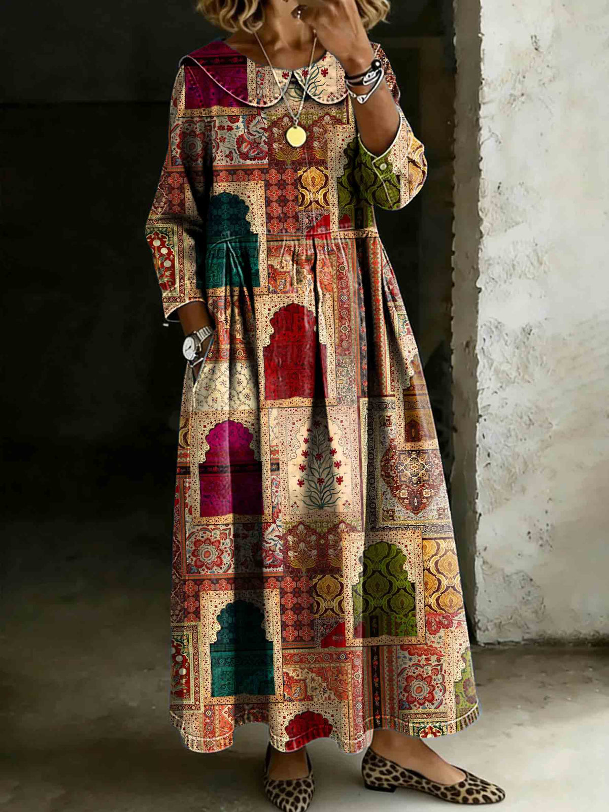 Retro Ethnic Patchwork Art Print Lapel Collar Pleated Long-Sleeve Casual Loose Denim Dress