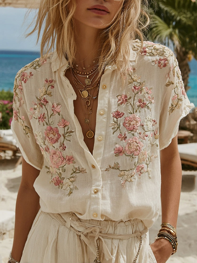 Vintage Pink Floral Embroidery Art Casual Short-Sleeve Shirt