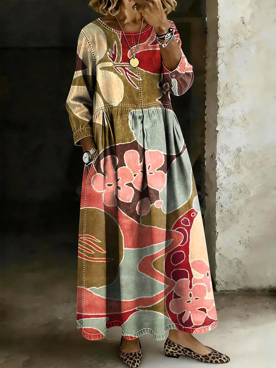Multicolor Floral Print Denim Maxi Skirt