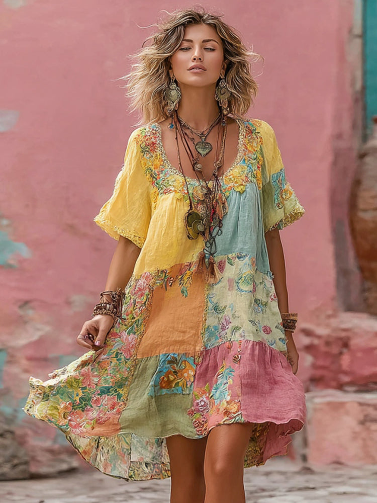 Flower Embroidery Macaron Patchwork Art Crew Neck Linen Blend Midi Dress