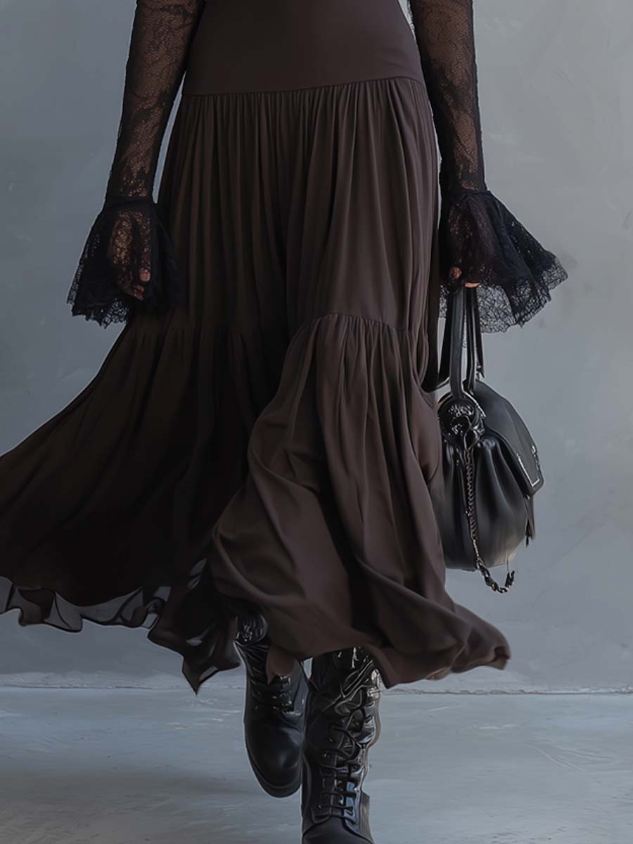 Vintage-Style Lace-Sleeved Sheer Hem Flared Cuffs Midi Dress