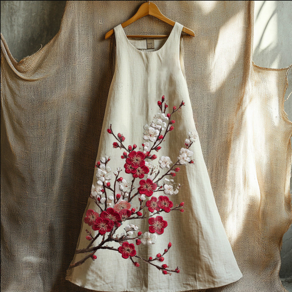 A Plum-Embroidered Sleeveless Dress