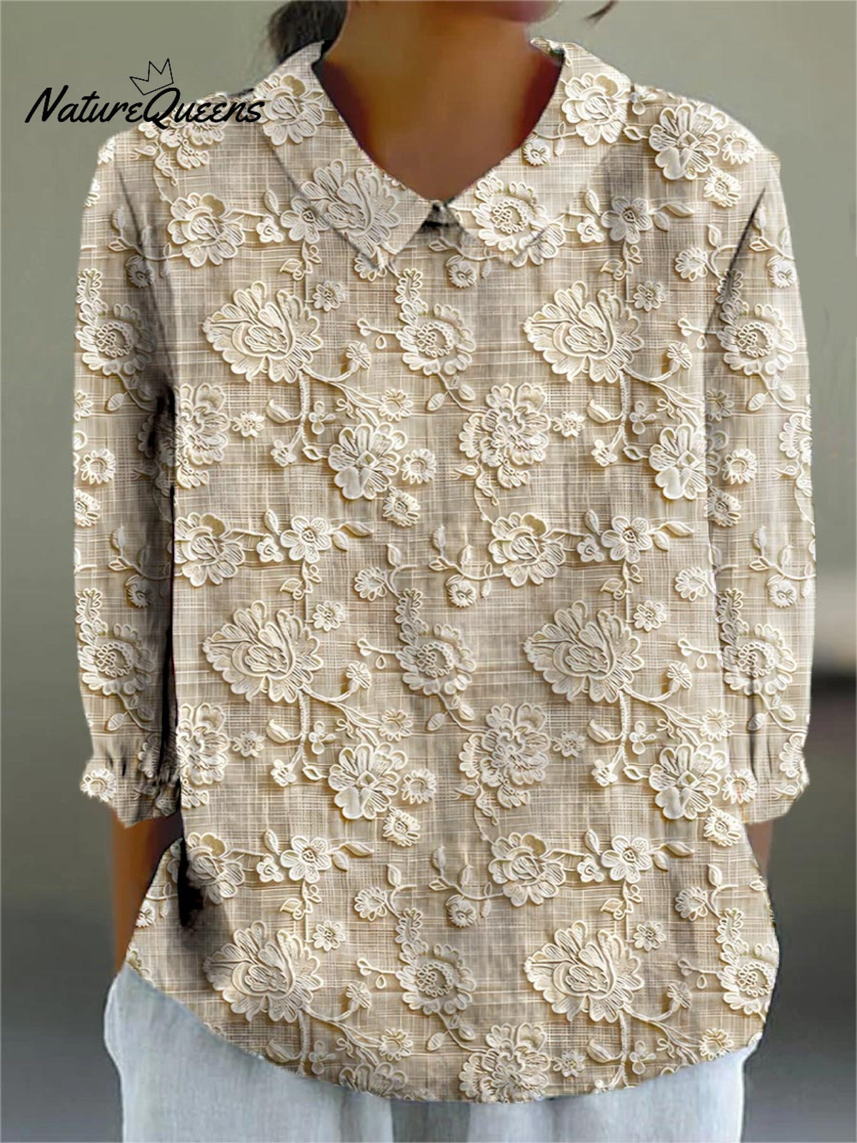 Vintage Floral Art Print Casual Cotton and Linen 3/4-Sleeve Shirt