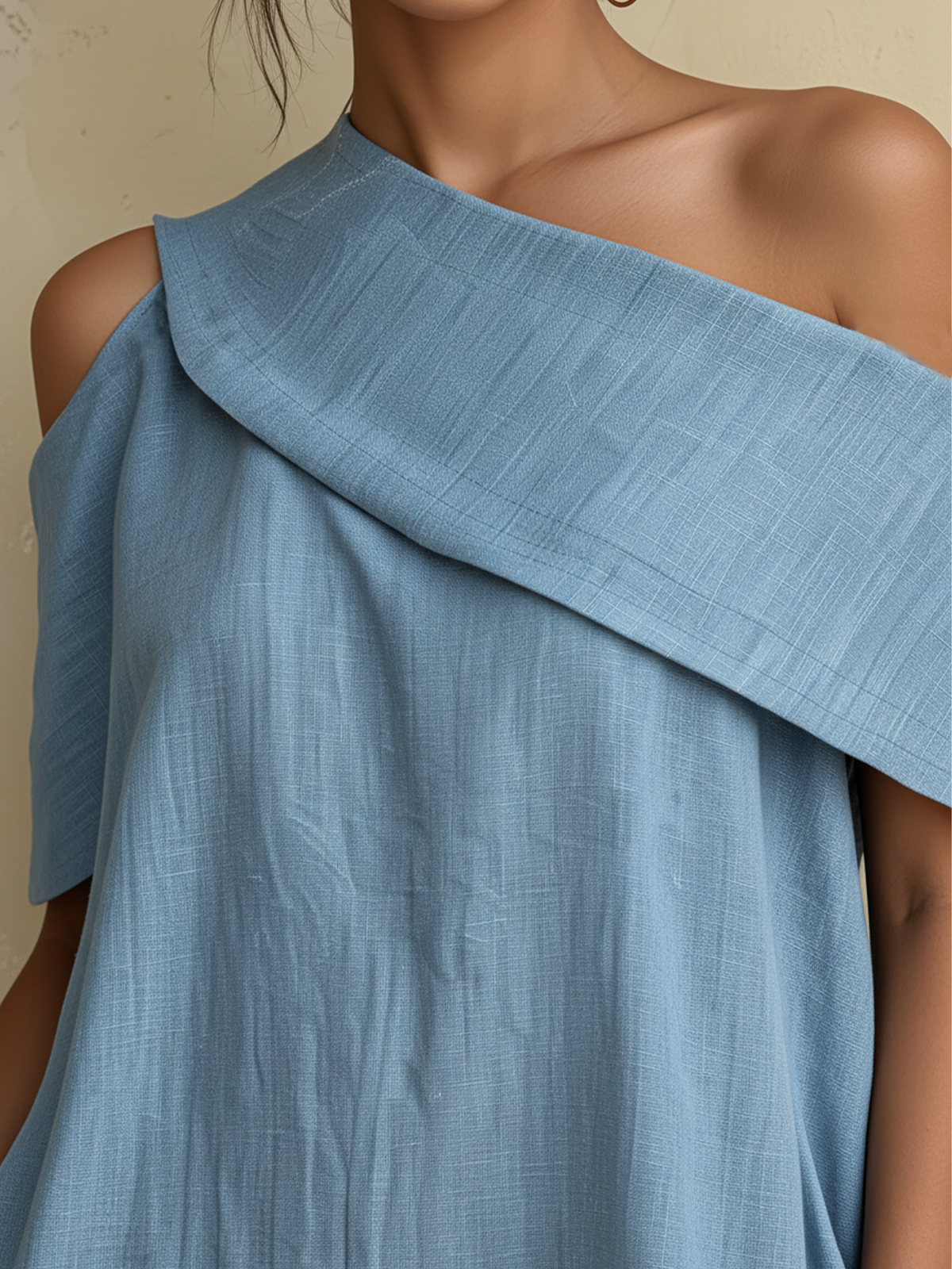 Light Blue Tencel Denim Asymmetrical One-Shoulder Maxi Dress