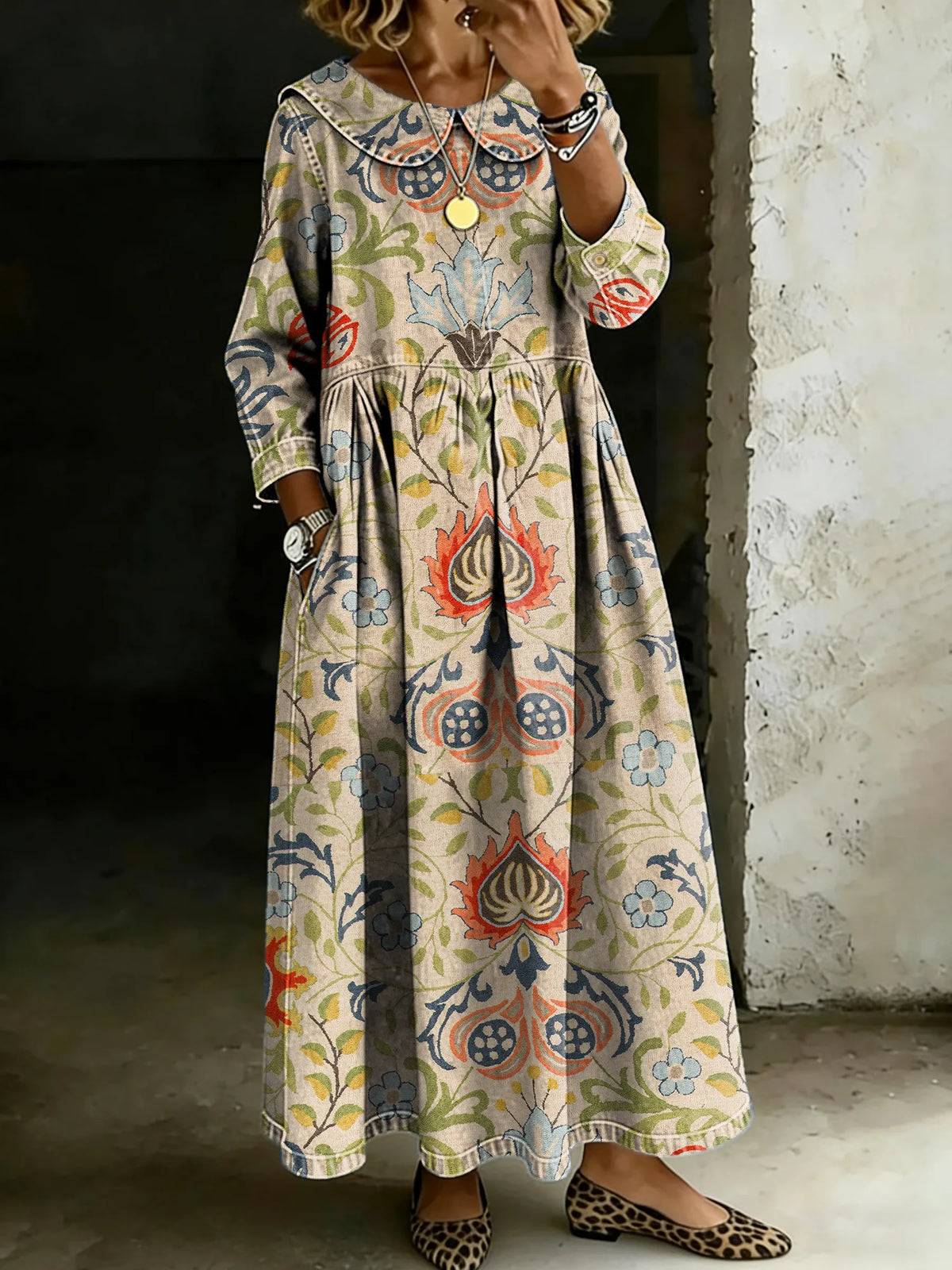 Retro Ethnic Floral Splicing Long-Sleeved Loose-Fitting Casual Denim Dress