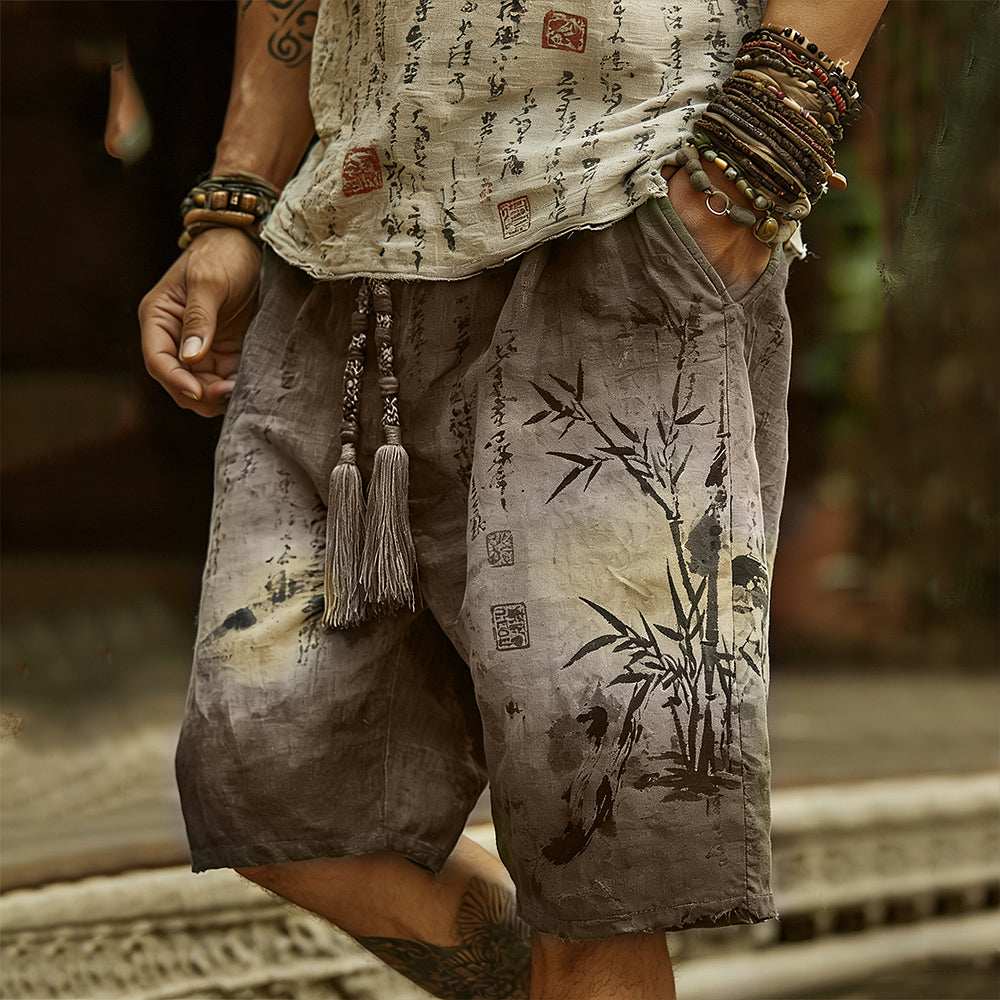 Japanese Art Bamboo Forest Ink Dyeing Art Tie-Dye Shorts