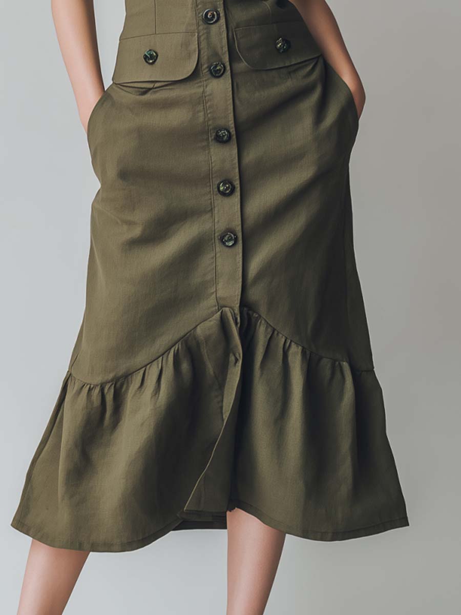 Vintage Lace-Neck Button-Down Cotton and Linen Midi Dress