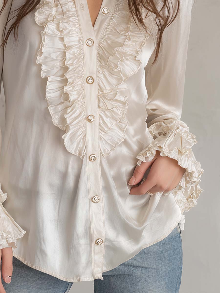 Retro-Style Ruffled Placket Polyester Satin Long-Sleeved Blouse