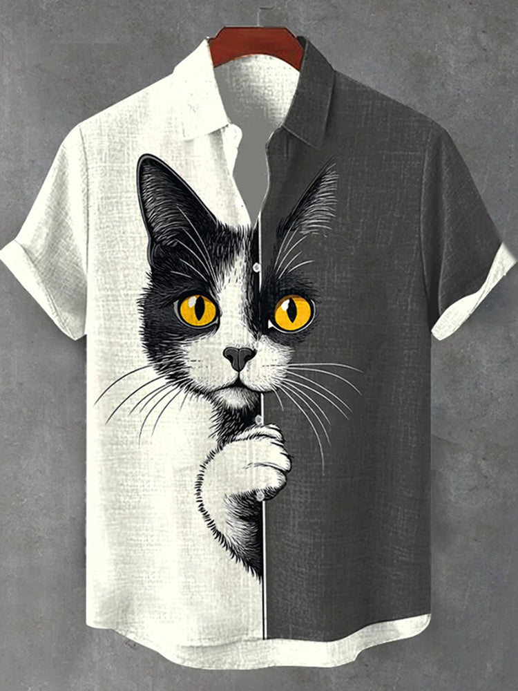 Men's the Peeping Cat Colorblock Art Casual Short-Sleeve Shirts