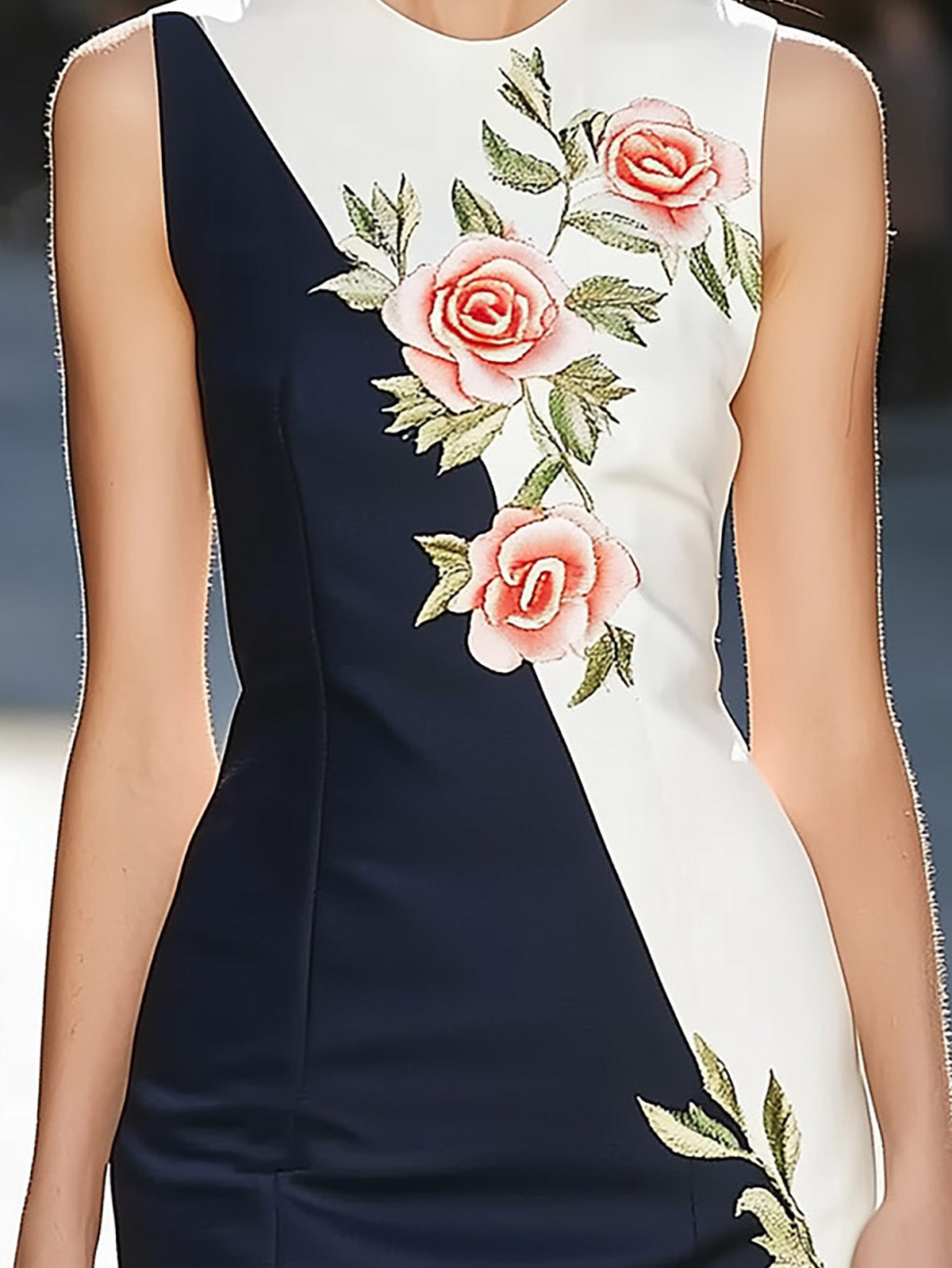 Modern Satin Dress with Colorblock Design and Chest Embroidery