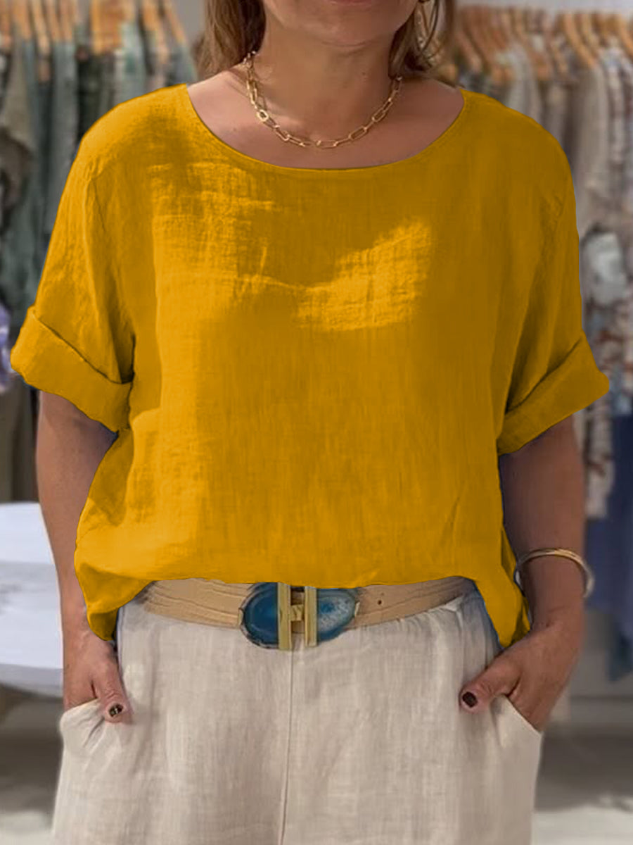 Front and Back Two-Way Casual Cotton and Linen Short-Sleeve Shirt