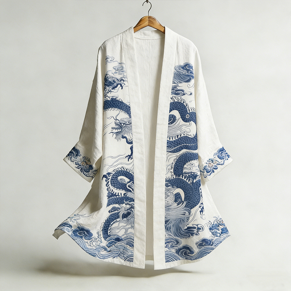 Japanese Art Dragon Pattern Retro Casual Linen Long Kimono
