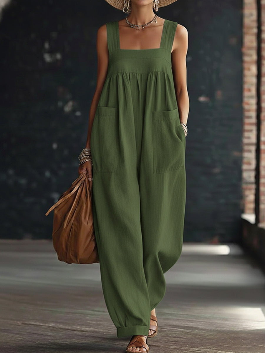 Casual Linen and Cotton Sleeveless Jumpsuit