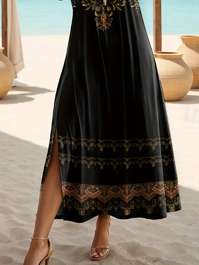 Women Floral Crew Neck Short-Sleeve Comfy Casual Printing Maxi Dress