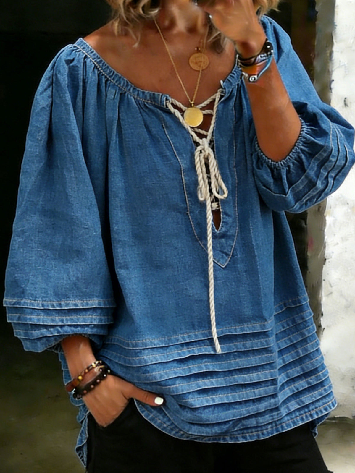Casual Stylish Long-Sleeve Denim Blouse Top