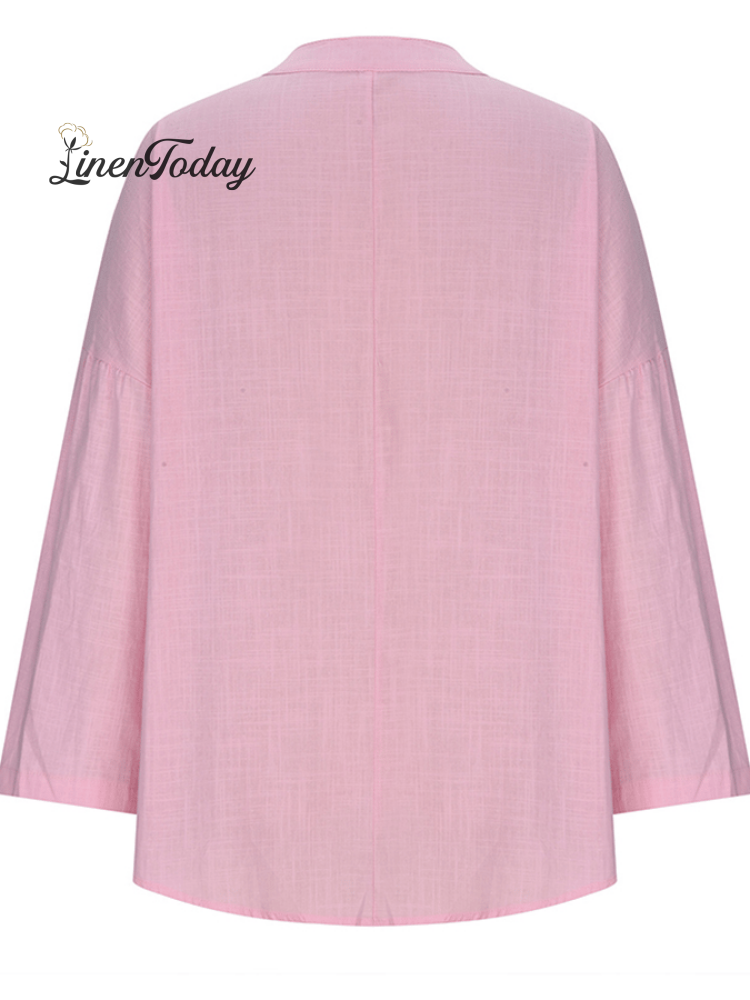 Cotton Long-Sleeve Round Neck Solid Color Loose Beach Shirt
