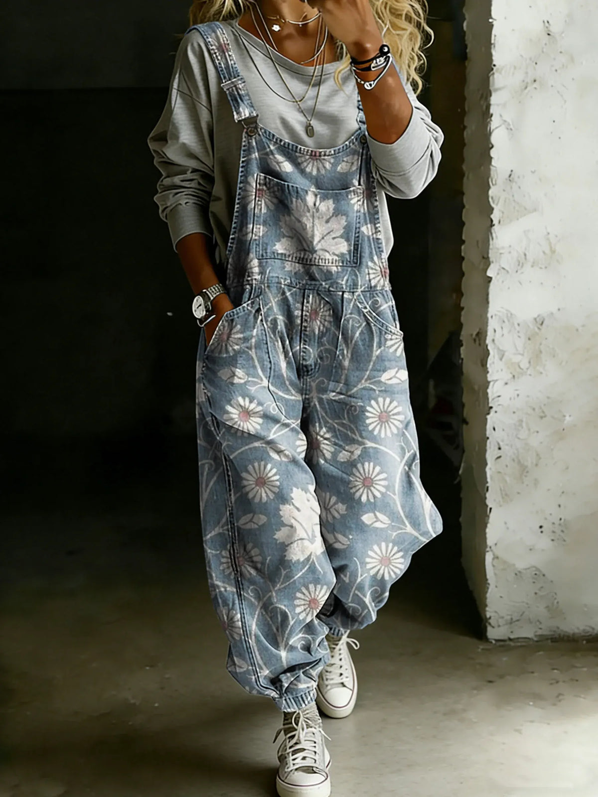 Vintage Ethnic Floral Art Print Casual One Piece Denim Jumpsuit