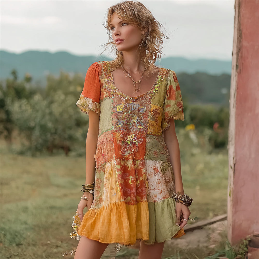 Boho Sunset Floral Patchwork Short-Sleeve Mini Dress
