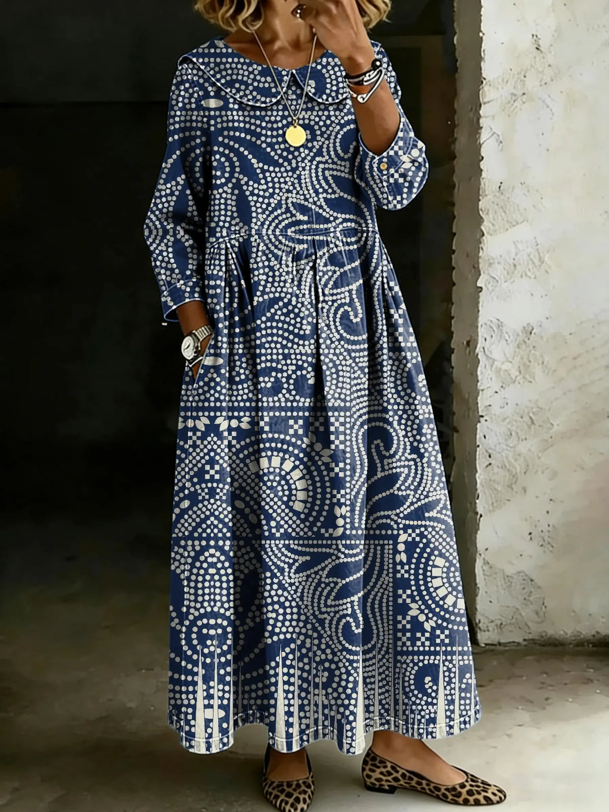 Retro Ethnic Art Splicing Long-Sleeved Loose-Fitting Casual Denim Dress