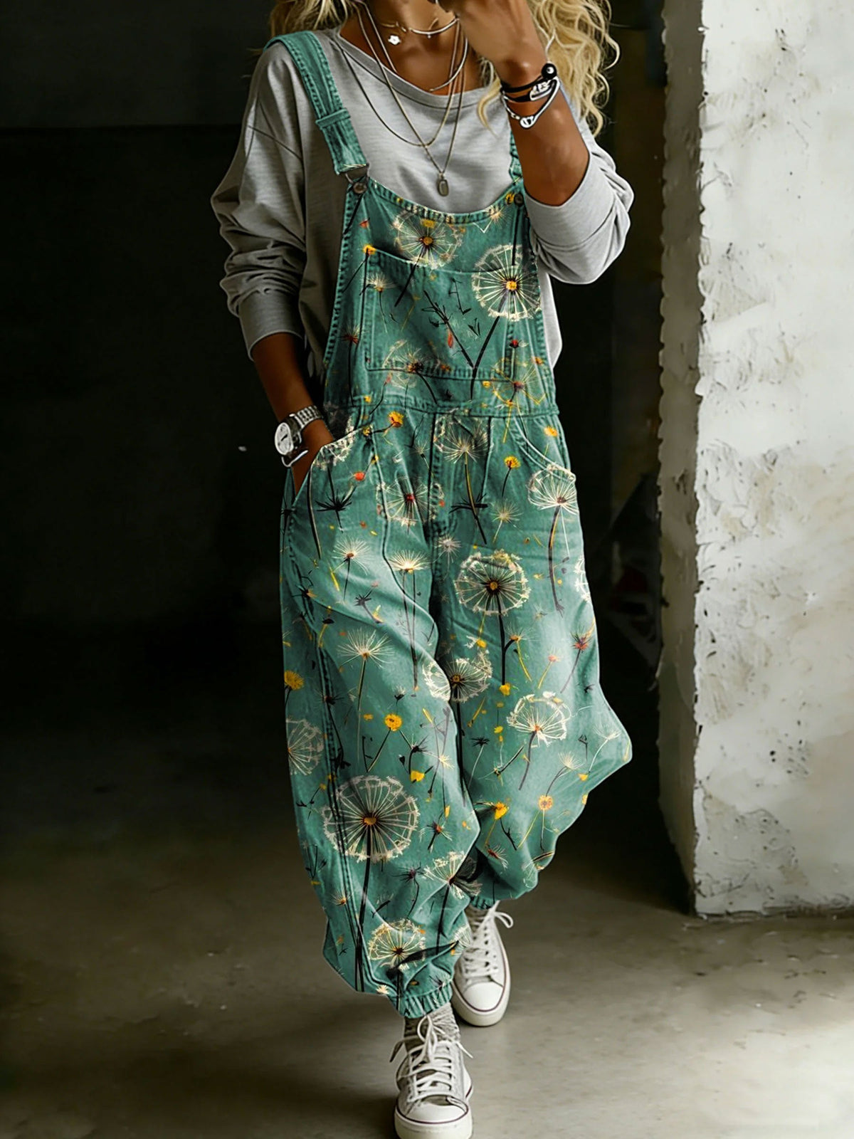 Dandelion Print Casual One Piece Denim Jumpsuit