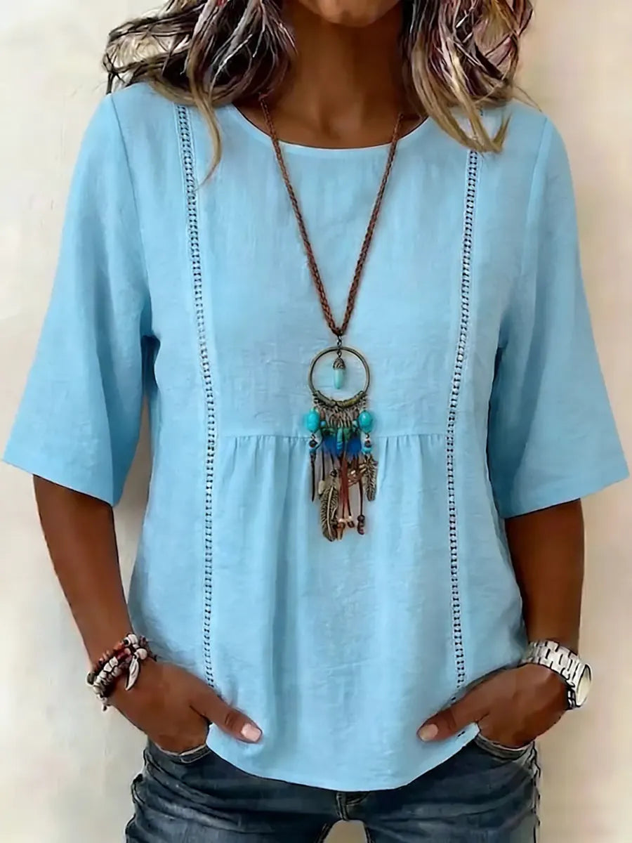Bohemian-Style Mid-Sleeve Cotton and Linen Top