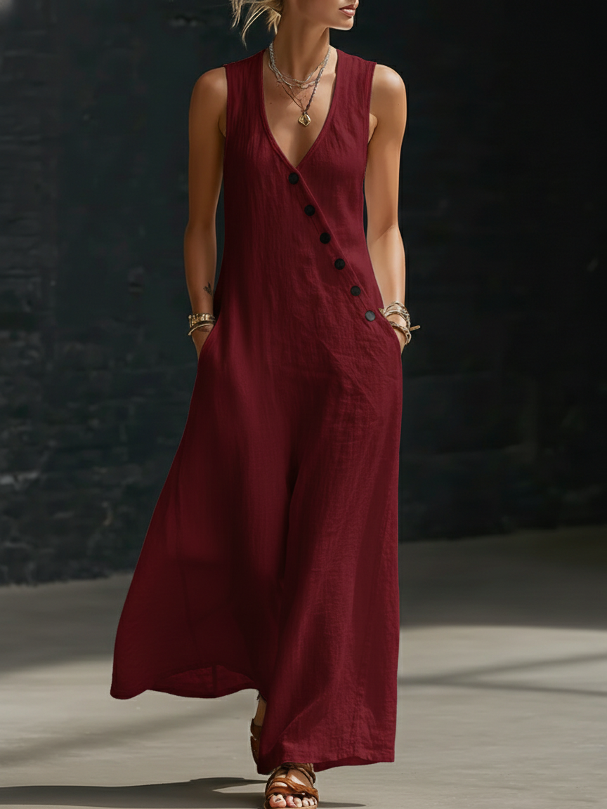 Minimalist Cozy V-Neck Button-Up Linen Jumpsuit