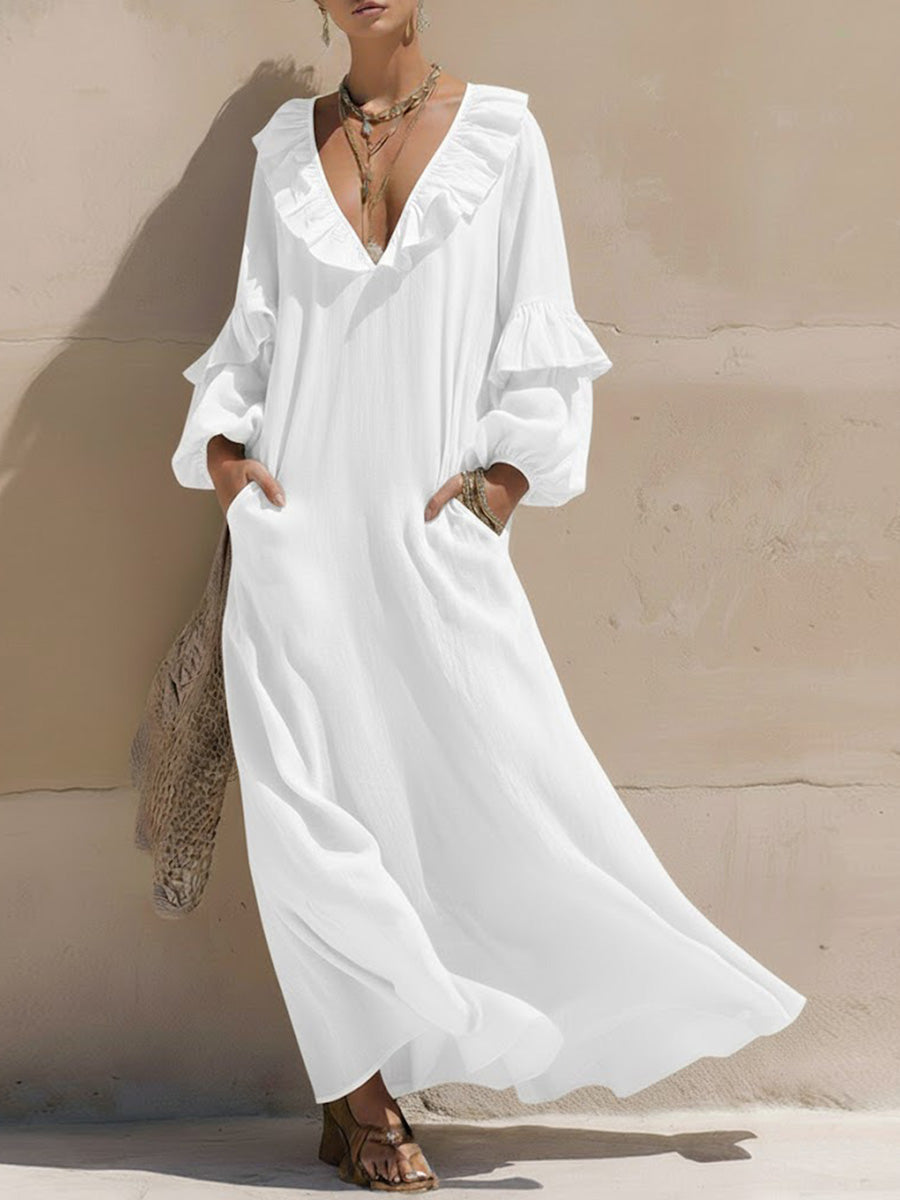 Solid Color Ruffle V-Neck Long-Sleeved Casual Loose Cotton and Linen Dress