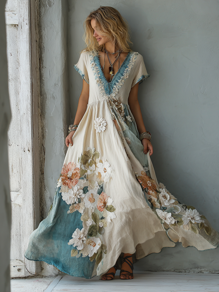 Vintage Oil Painting Floral Art Stitching Linen Dress