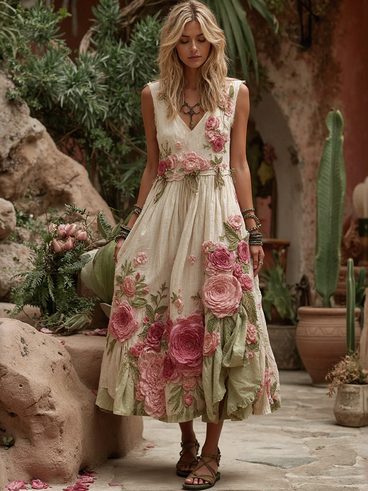Women Vintage Floral Embroidery Art V-Neck Linen Maxi Dress