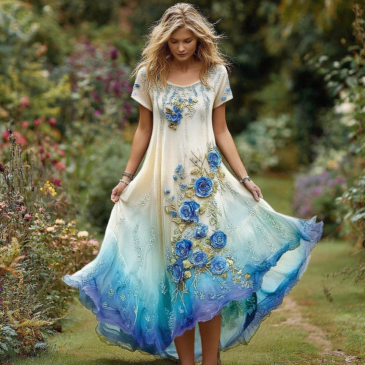 Vintage Floral Embroidery Gradient Pattern Round Neck Dress