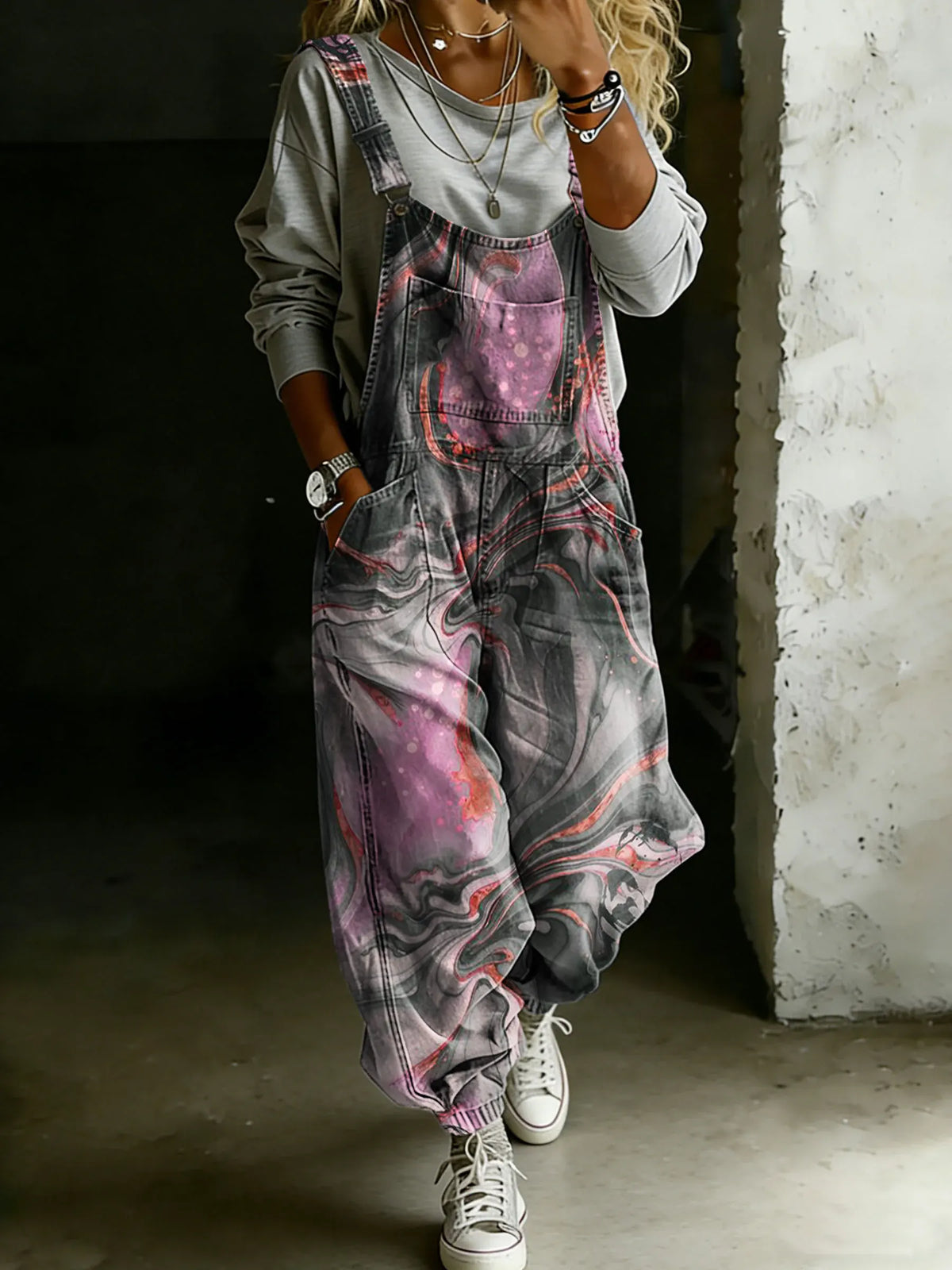 Vintage Waves Art Print Casual One Piece Denim Jumpsuit