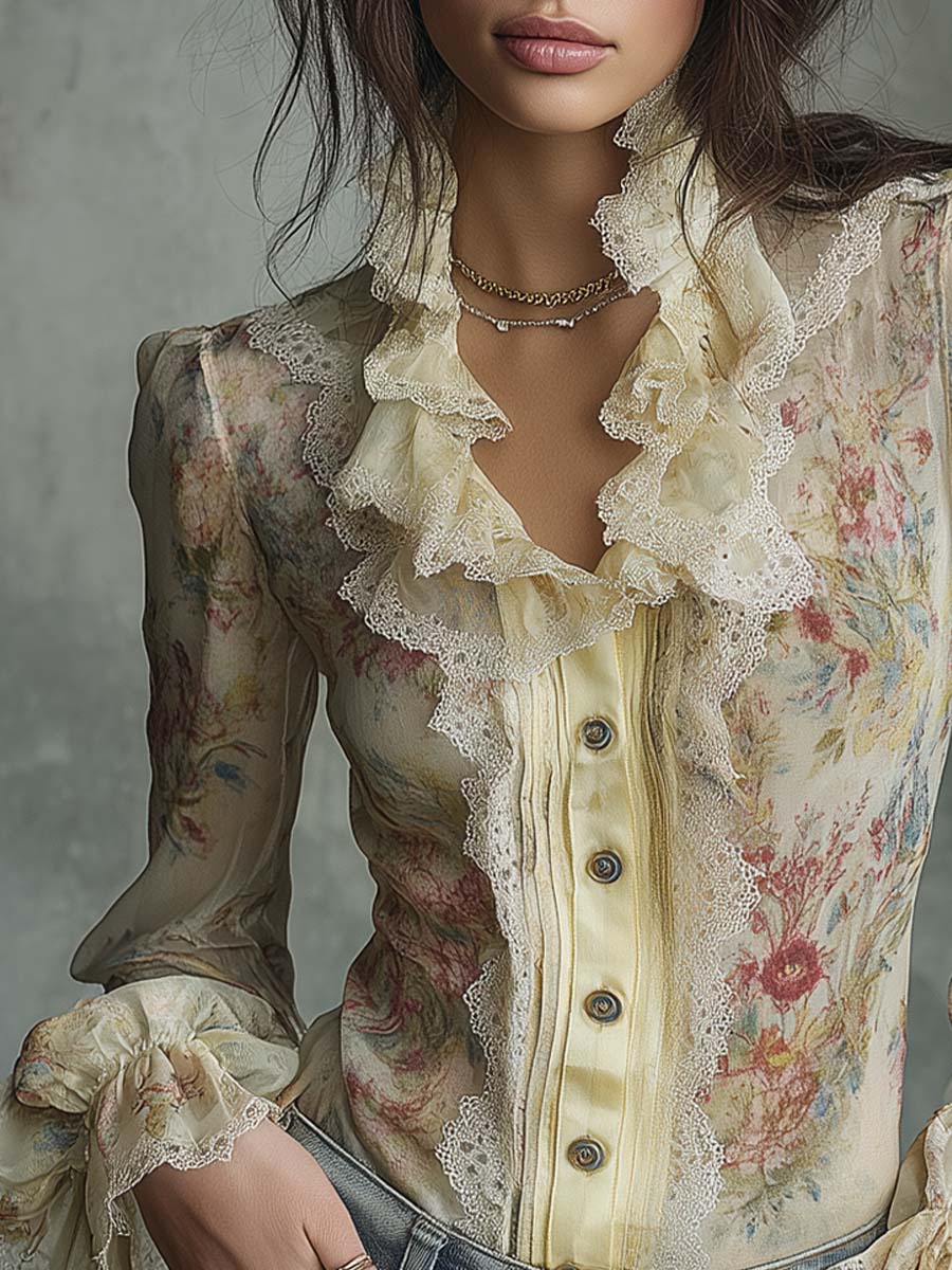 Vintage Oil Painting Lace and Floral Chiffon Blouse