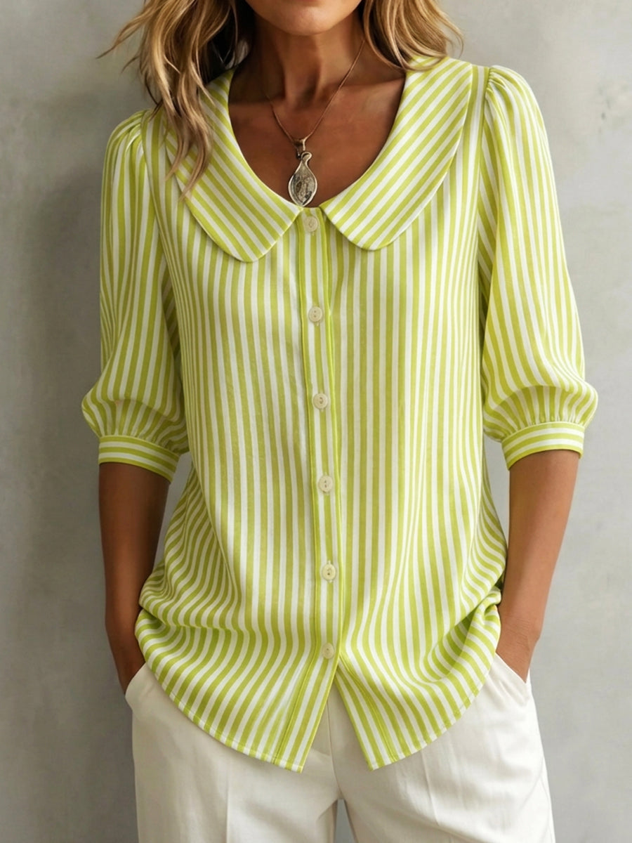 Retro Peter Pan Collar Striped Cotton-Linen Shirt