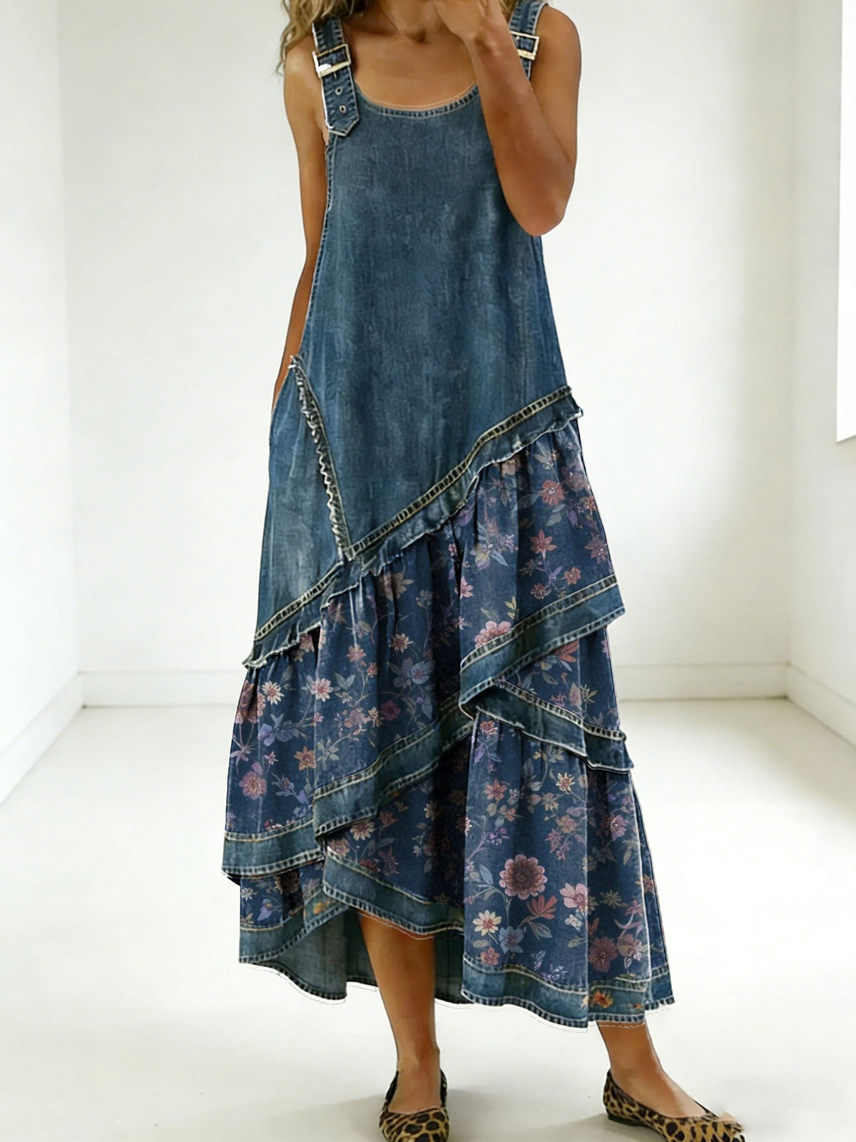Fashion Floral Denim Design Sleeveless Multi-Layered Ruffled Strap Dress