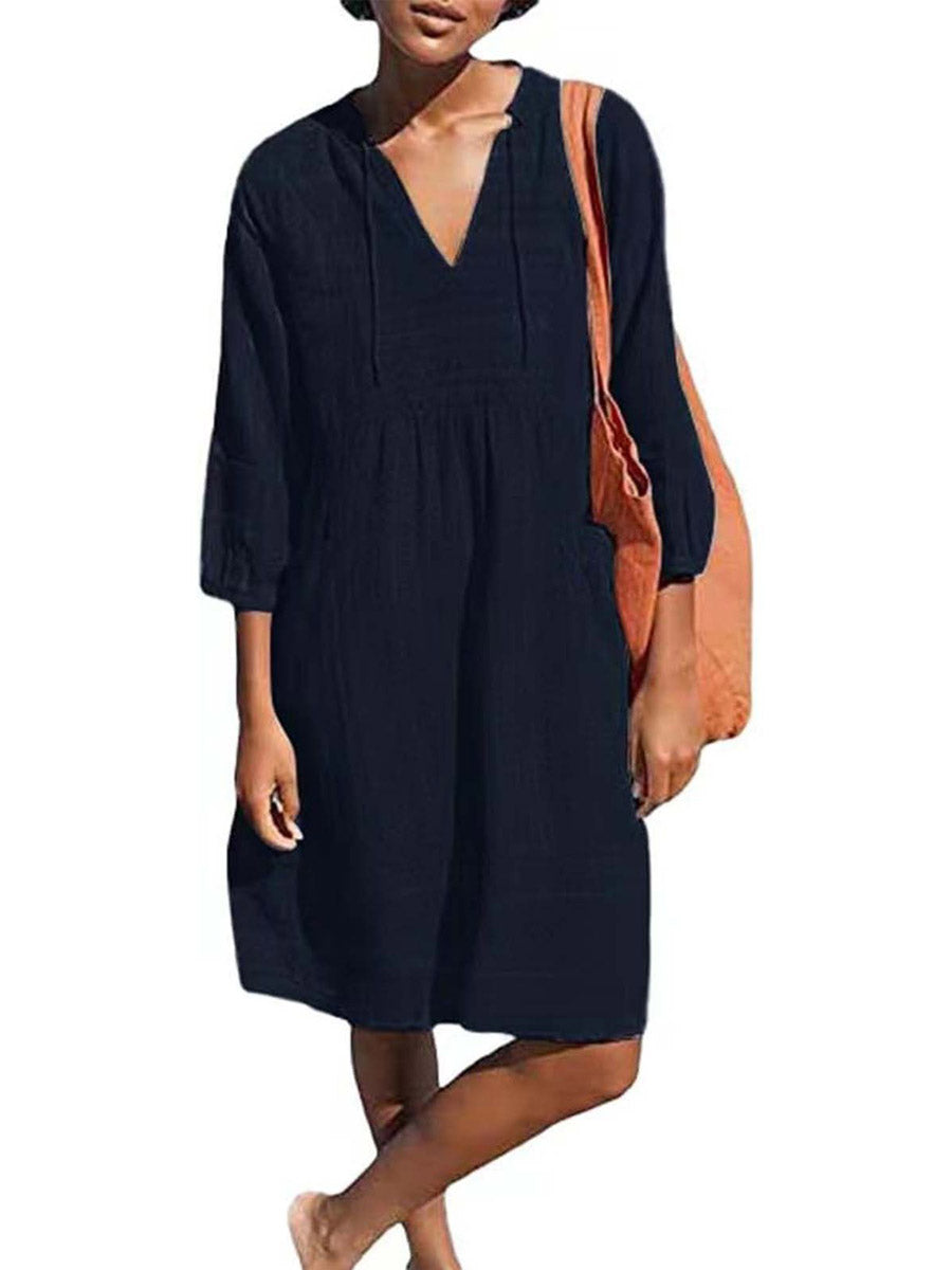 Solid Color Loose Elegant Casual V-Neck Pocket Cotton and Linen Dress