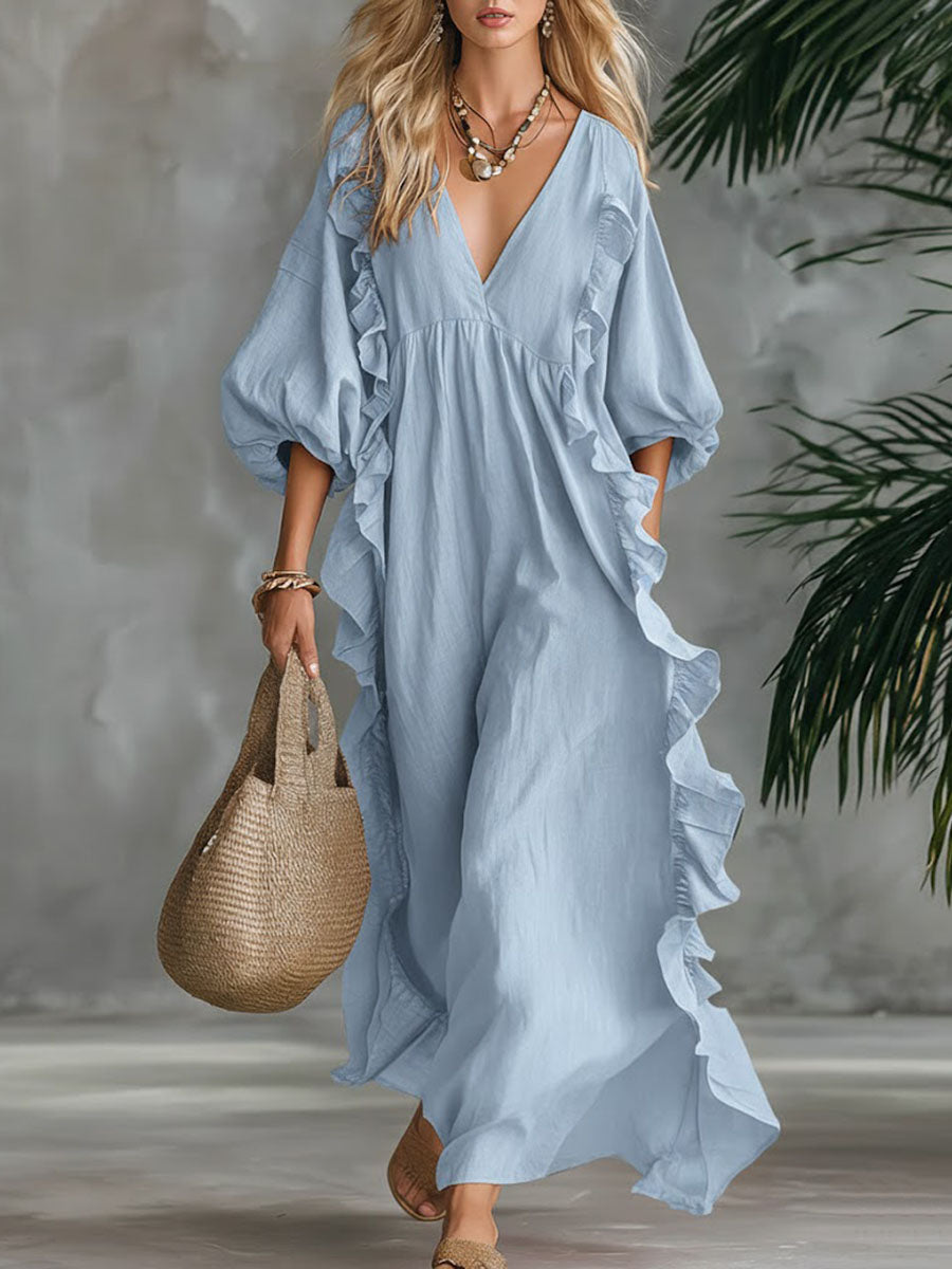 Solid Color V-Neck 3/4-Sleeve Casual Loose Cotton and Linen Dress