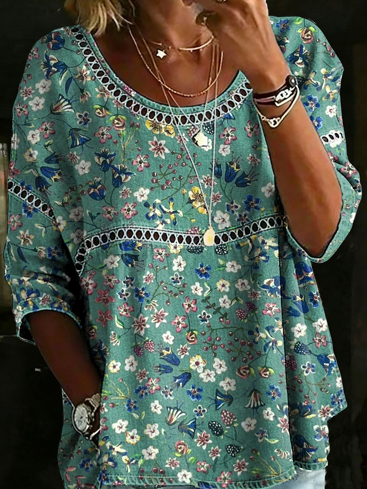Vintage Flower Casual Loose Denim Blouse Shirt