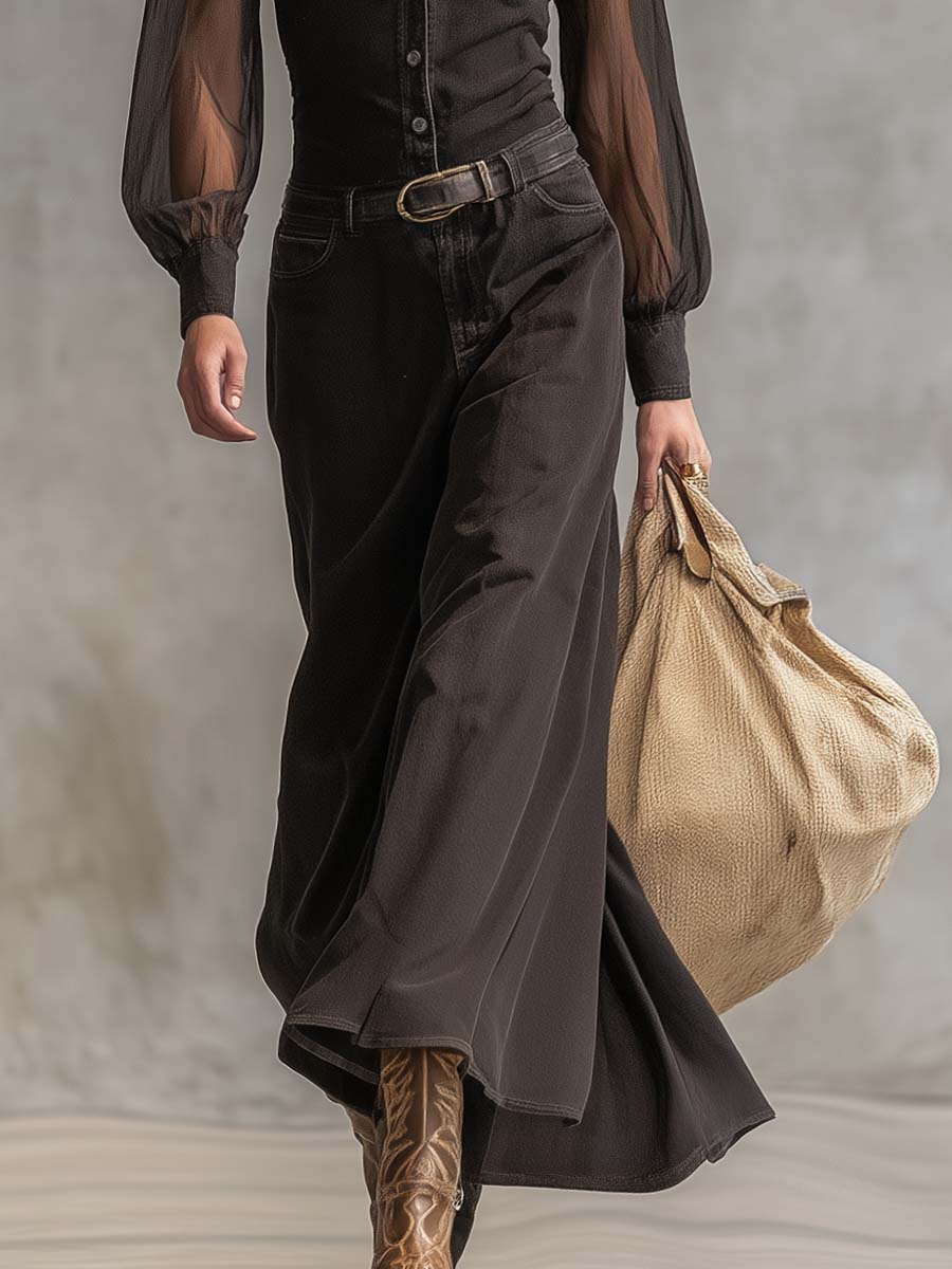 Vintage Western Front Button V-Neck Transparent Long-Sleeve Black Denim Maxi Dress