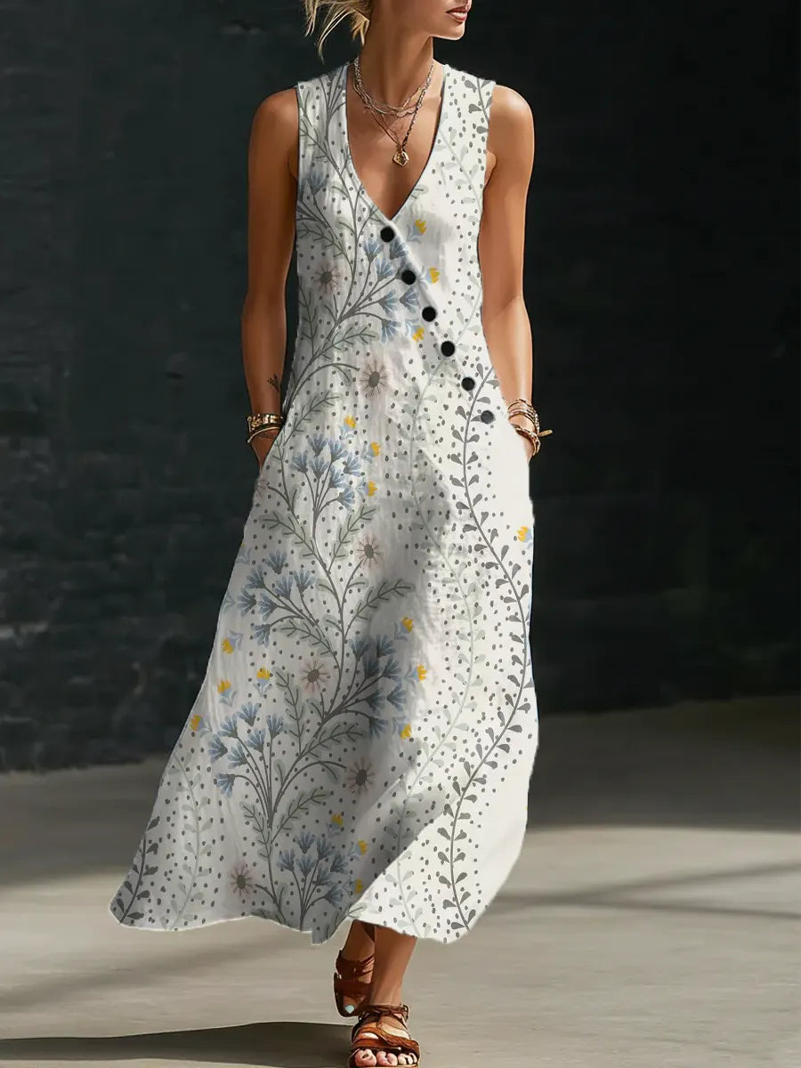 Floral Pattern Art Print Casual Cotton Linen Dress