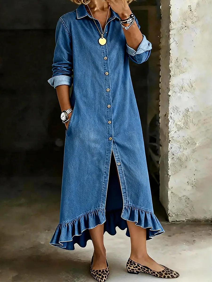 Casual Collared Button-Down Lace Long Denim Skirt