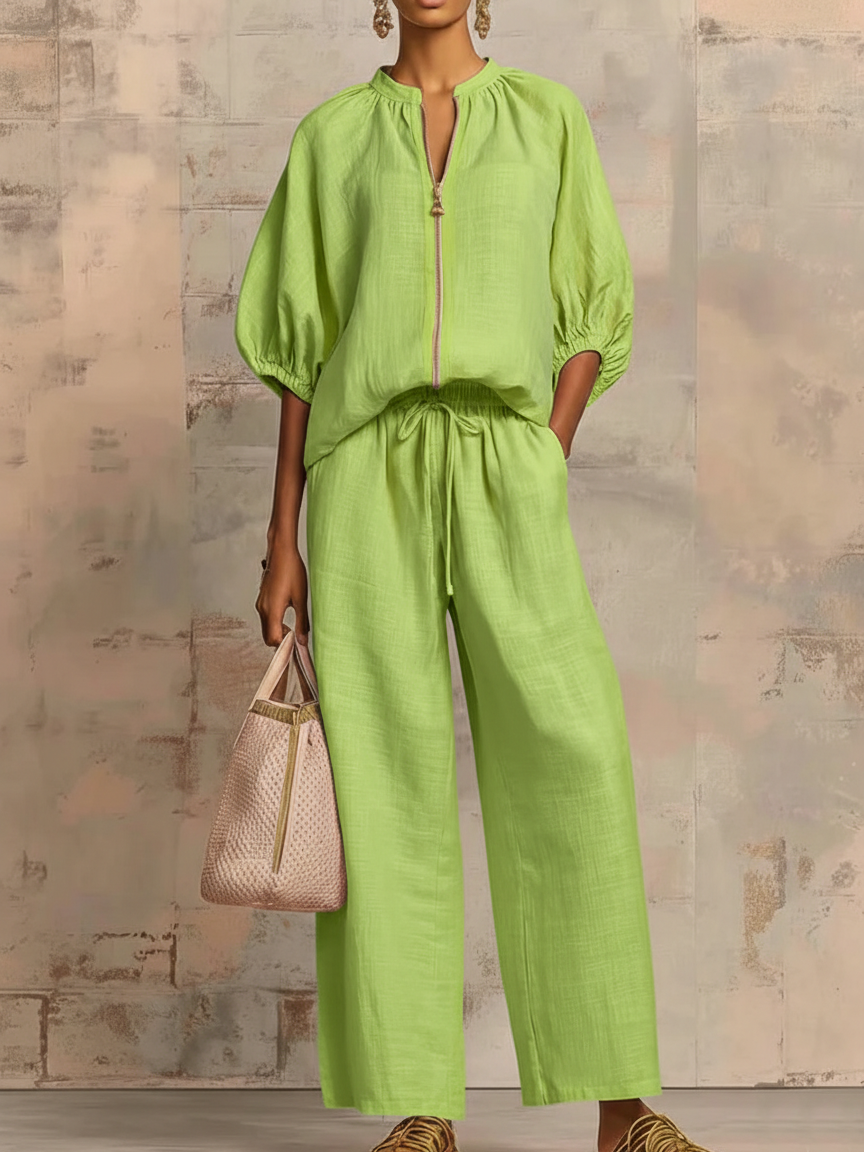 Stylish Cozy Shirt and Wide-Leg Pants Linen Cotton Two-Piece Set