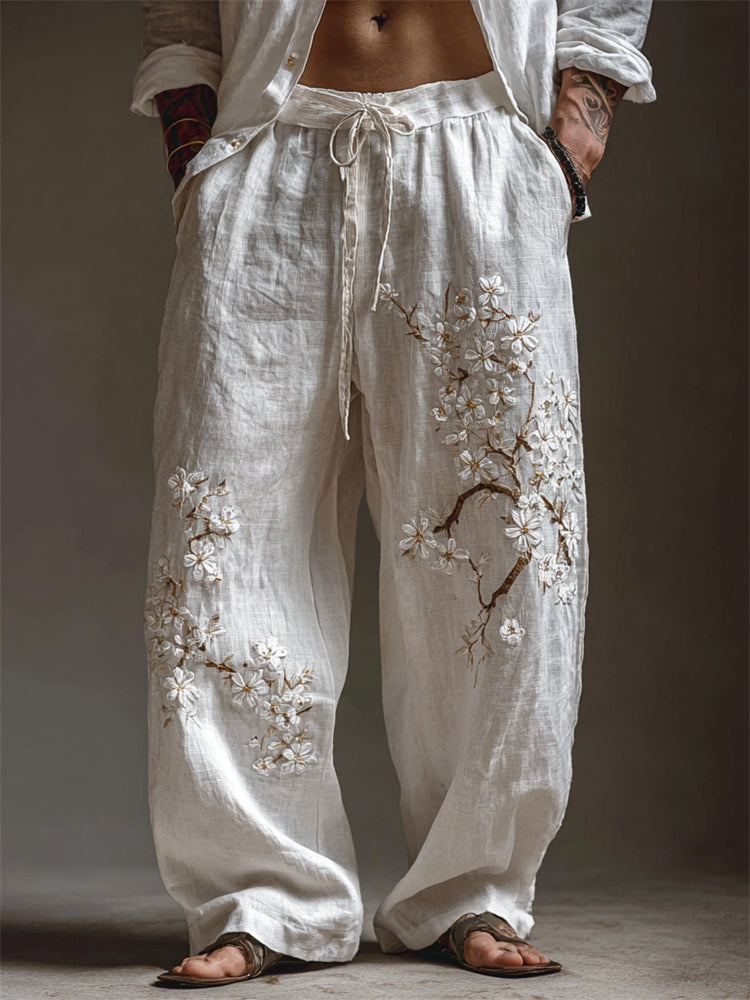 Men's White Almond Blossom Flowy Wide-Leg Linen Pants